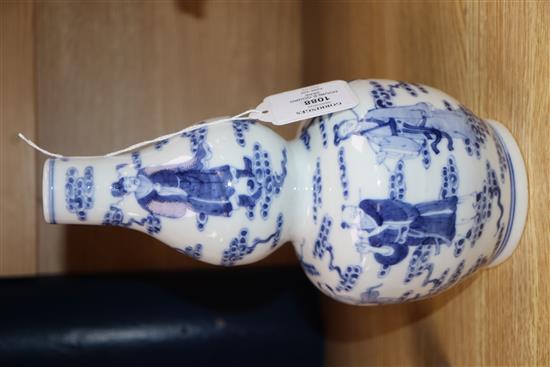 A Chinese blue and white eight immortals double gourd vase, Kangxi mark but later H.25cm